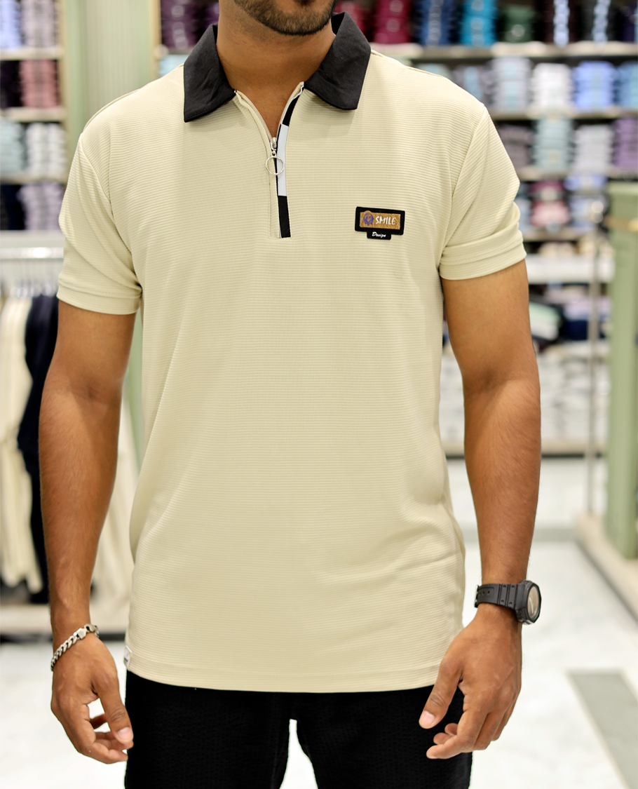 Yellow Cotton-Blended Zipper T-Shirt Features Half-Sleeves, a Contrast Polo Collar, Slim Fit, and Regular Length