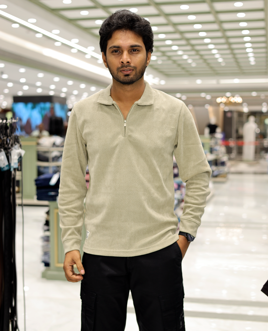 Beige Poly-Blended Zipper T-Shirt Features Full-Sleeves, a Polo Collar, Regular Fit, and Regular Length