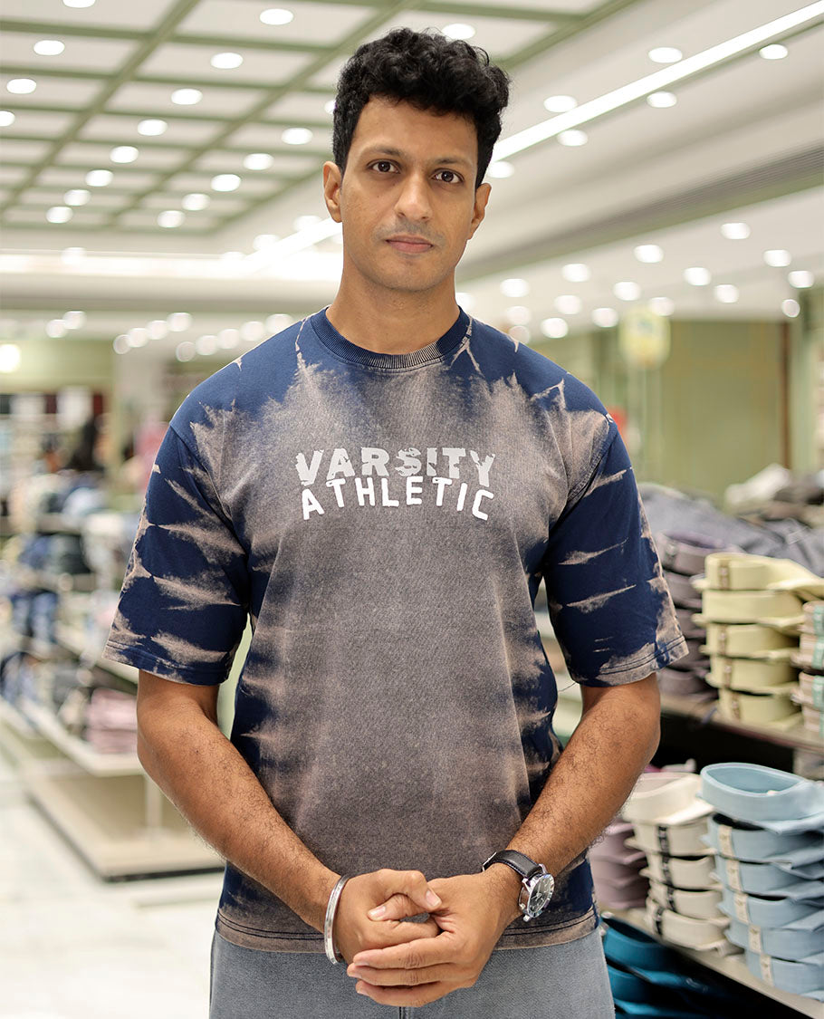 Navy Blue Cotton-Blended T-Shirt Features Typography Print, Half Sleeves, a Round Neck, an Oversized Fit, and a Regular Length