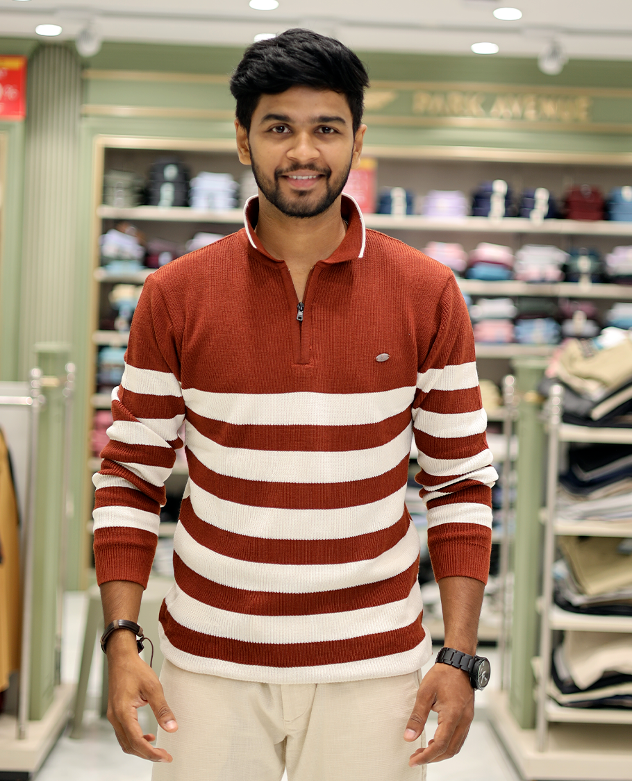 Red Cotton-Blended T-Shirt Steeped with Stripes, Full-Sleeves, a Polo Neck, a Slim Fit, and a Regular Length