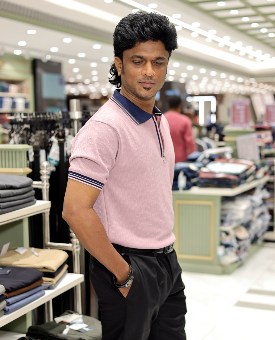 Pink Cotton-Blended Zipper T-Shirt Features Half-Sleeves, a Polo Collar, Slim Fit, and Regular Length