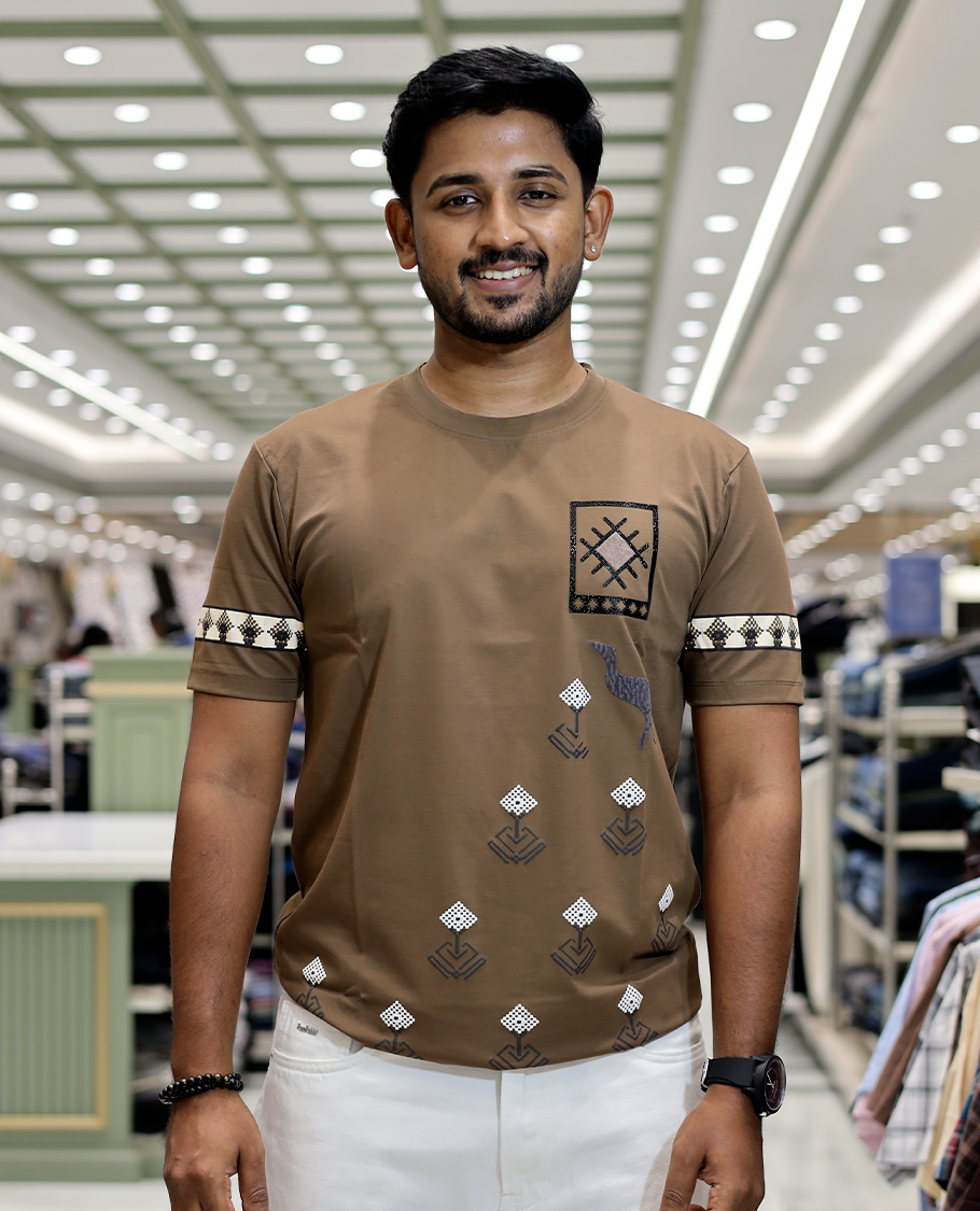 Brown Crew Neck Cotton-Blended T-Shirt