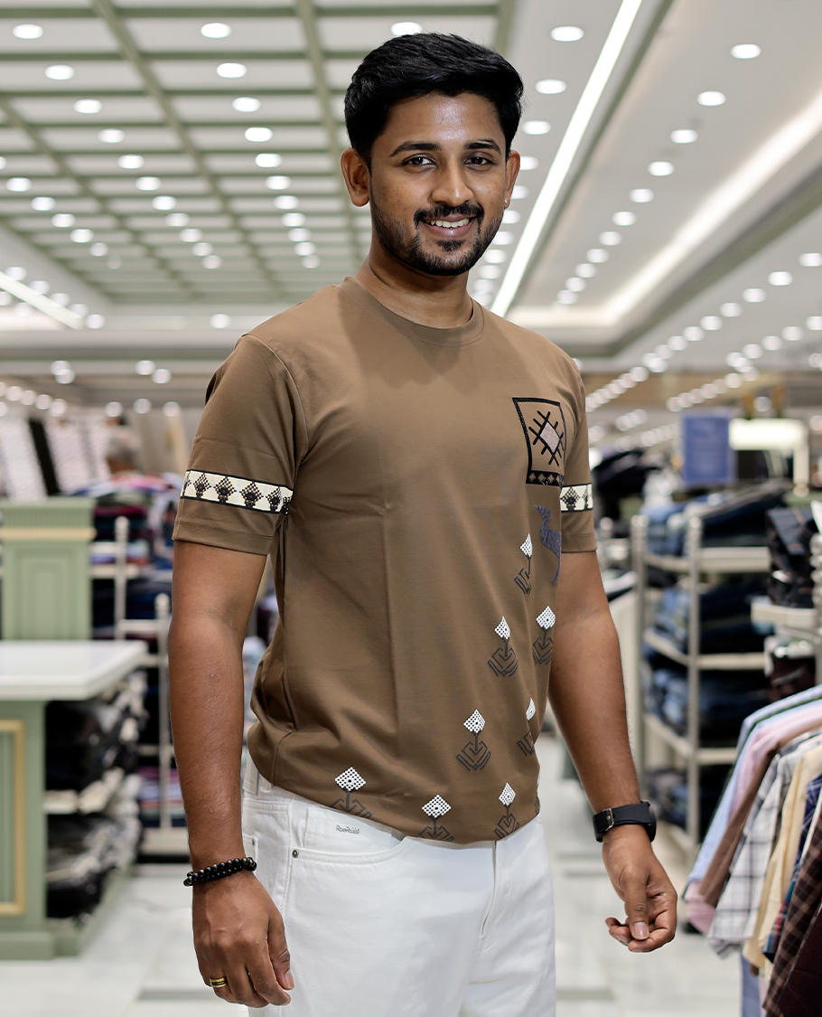 Brown Crew Neck Cotton-Blended T-Shirt