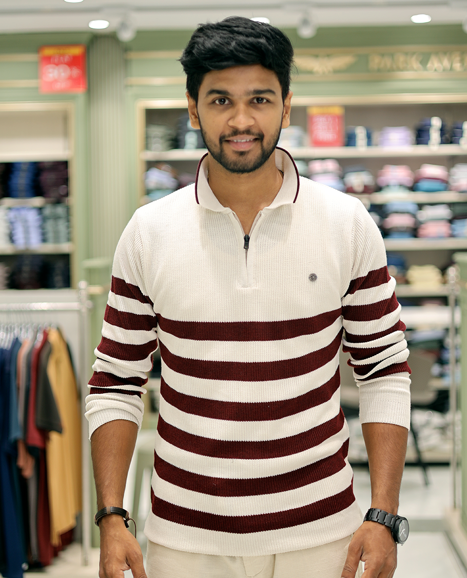 White Cotton-Blended T-Shirt Steeped with Stripes, Full-Sleeves, a Polo Neck, a Slim Fit, and a Regular Length