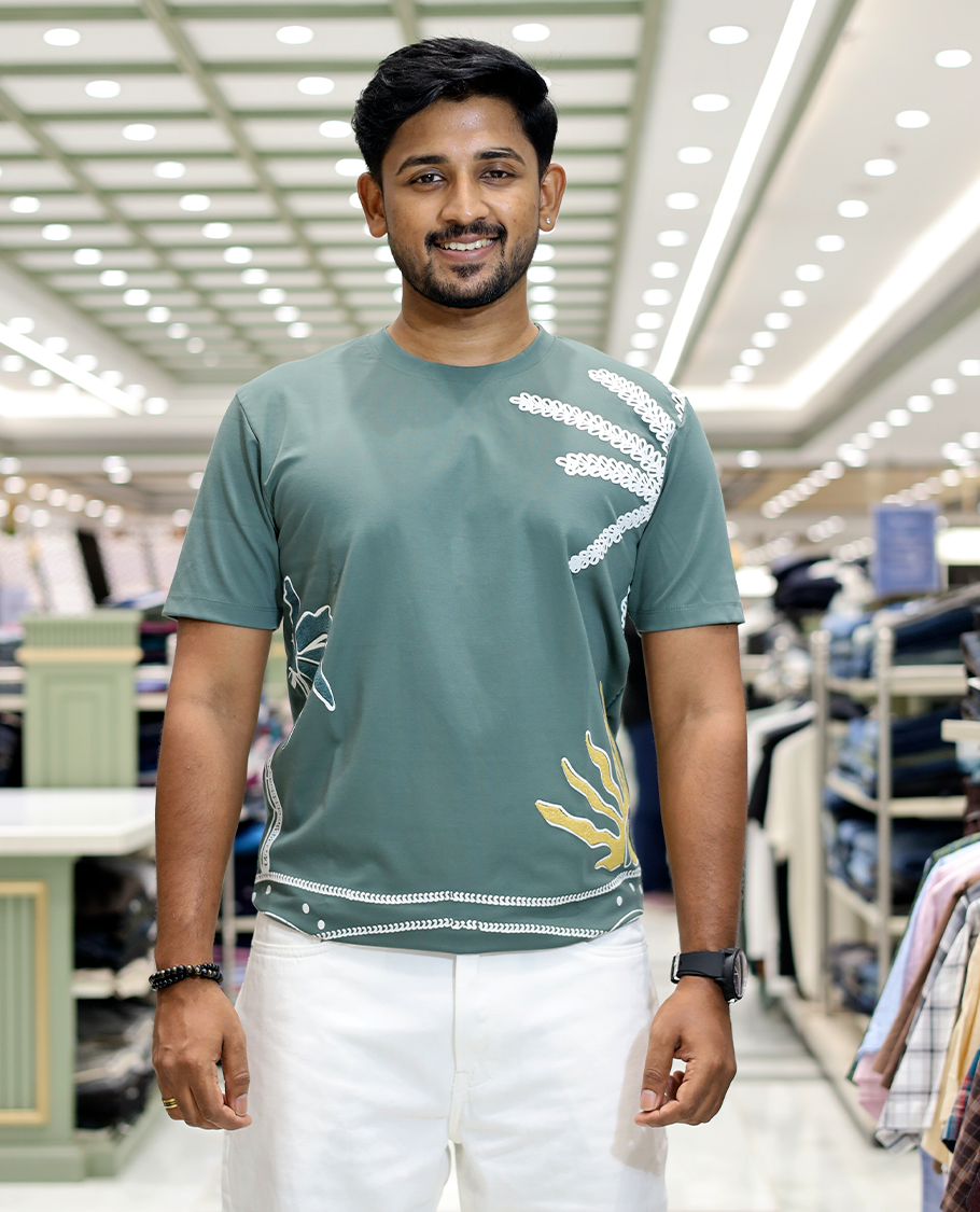 Green Unique Motifs Cotton-Blended T-Shirt