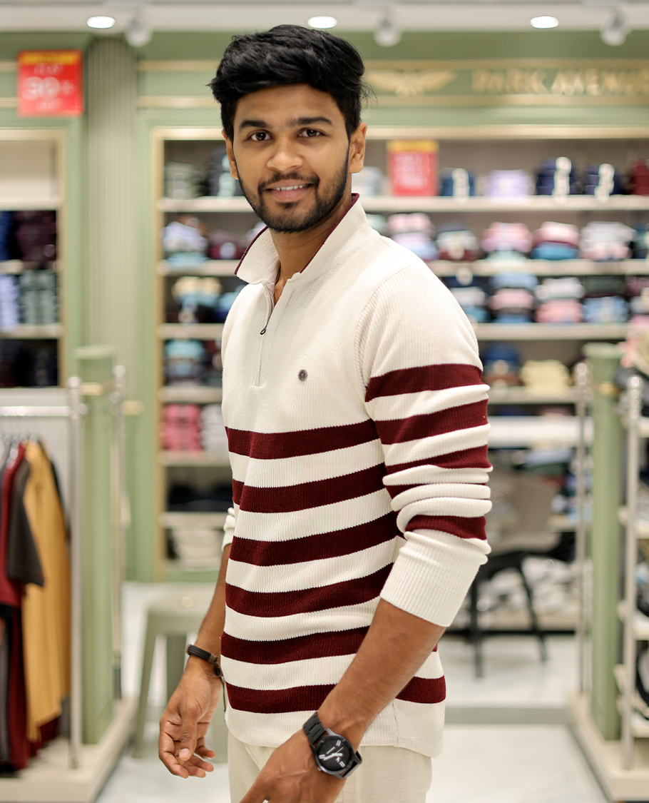 White Cotton-Blended T-Shirt Steeped with Stripes, Full-Sleeves, a Polo Neck, a Slim Fit, and a Regular Length