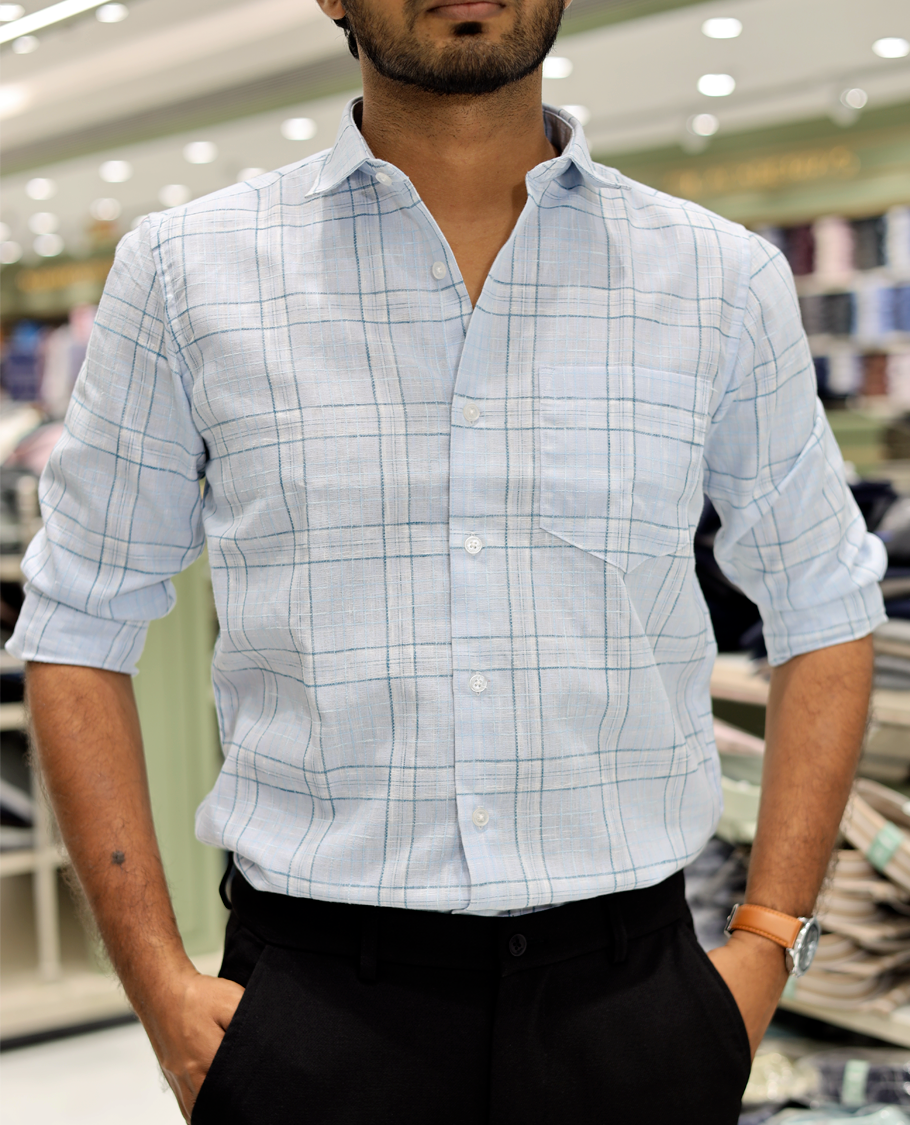 Green Cotton-Linen-Blended Casual Shirt Features Checks, Full Sleeve, a Spread Collar, a Slim Fit, and a Regular Length