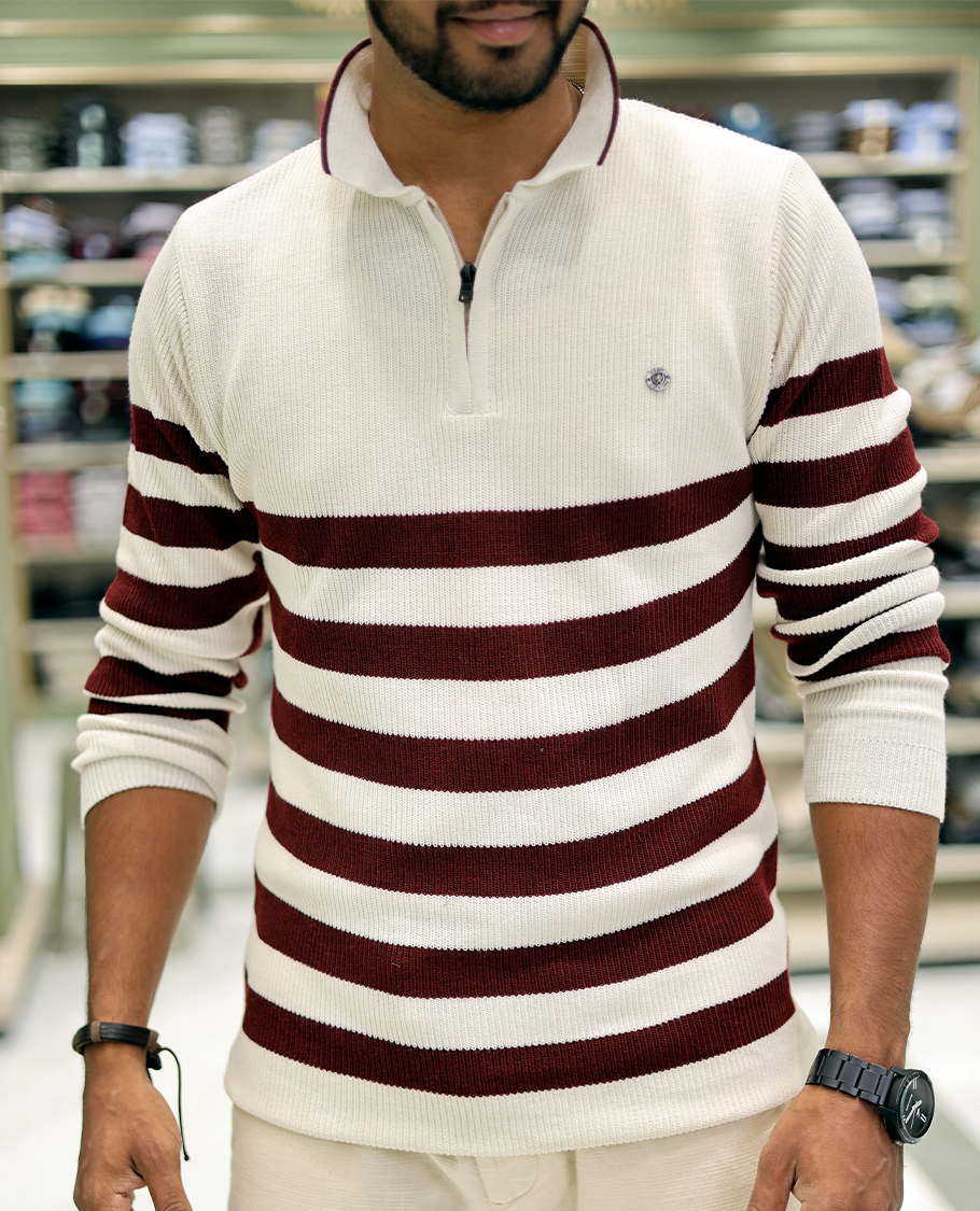 White Cotton-Blended T-Shirt Steeped with Stripes, Full-Sleeves, a Polo Neck, a Slim Fit, and a Regular Length