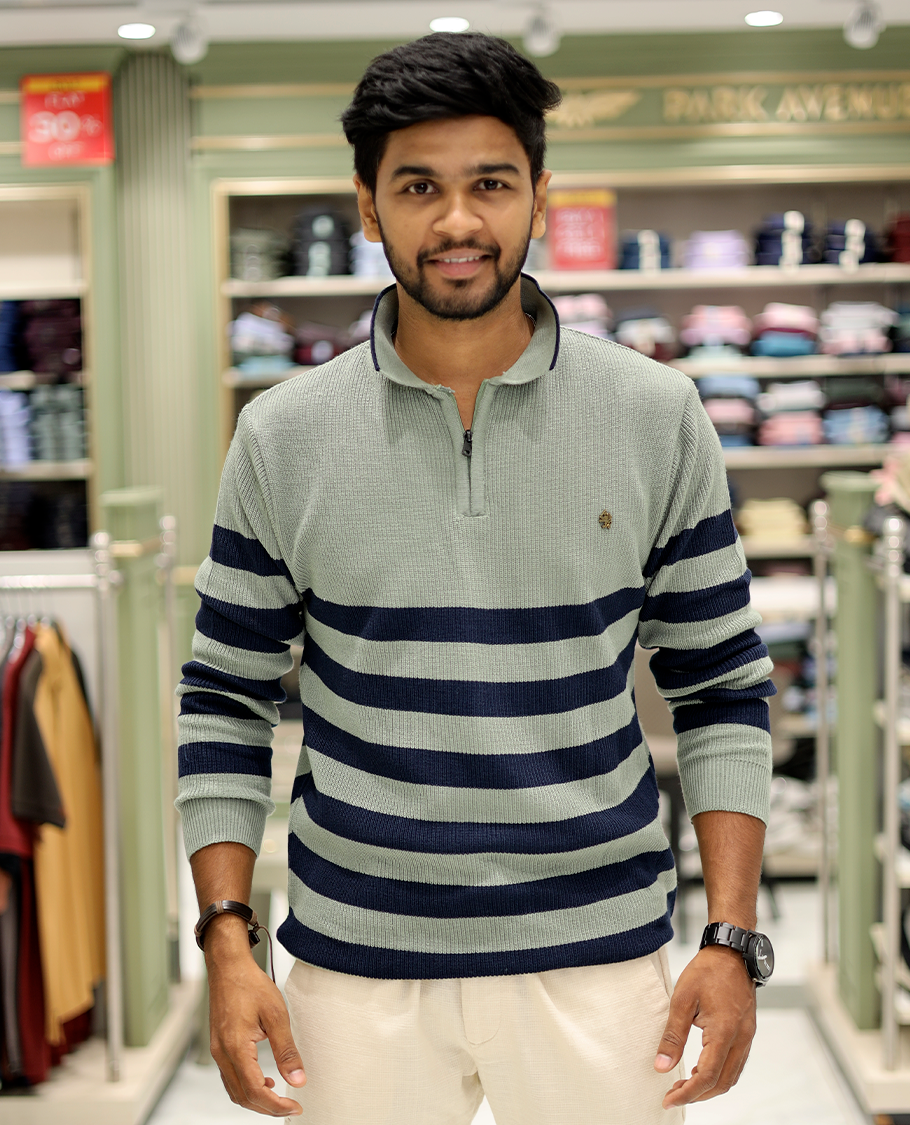 Green Cotton-Blended T-Shirt Steeped with Stripes, Full-Sleeves, a Polo Neck, a Slim Fit, and a Regular Length