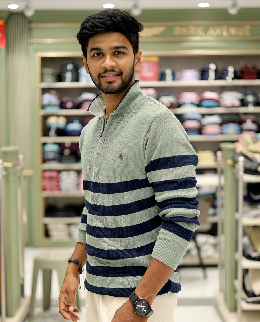 Green Cotton-Blended T-Shirt Steeped with Stripes, Full-Sleeves, a Polo Neck, a Slim Fit, and a Regular Length