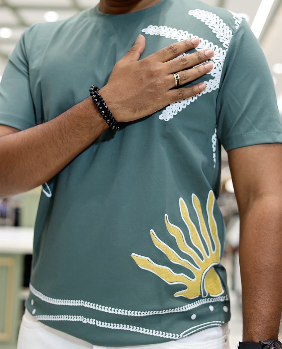 Green Unique Motifs Cotton-Blended T-Shirt