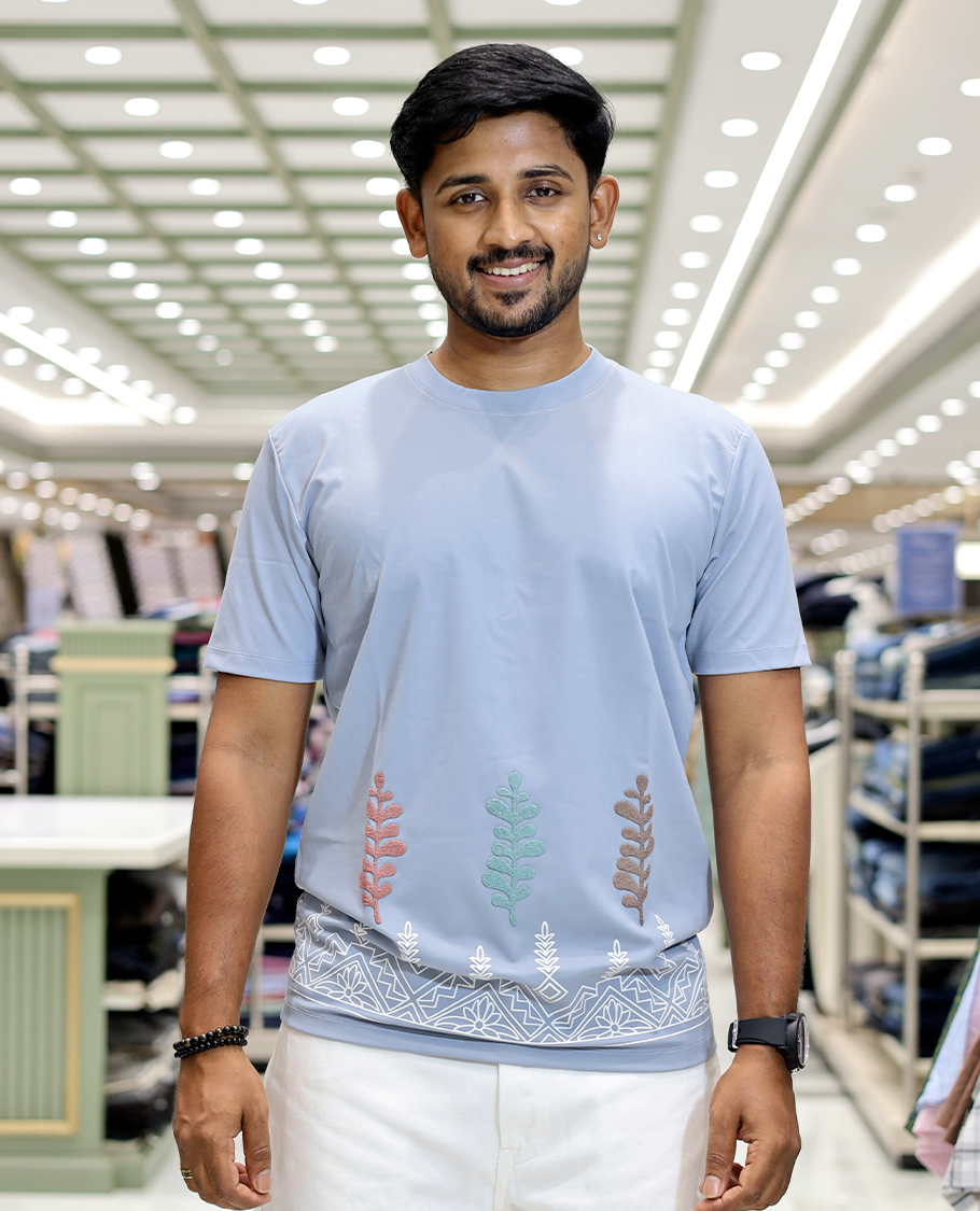 Blue Leaf Embroidery Cotton Blended T-Shirt