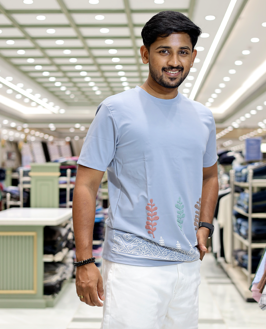 Blue Leaf Embroidery Cotton Blended T-Shirt