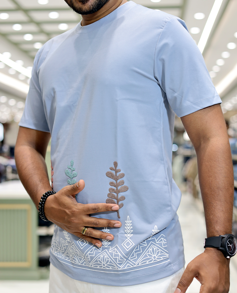 Blue Leaf Embroidery Cotton Blended T-Shirt