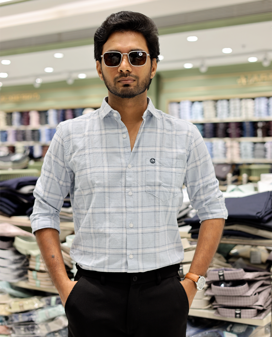 Blue Cotton-Linen-Blended Casual Shirt Features Checks, Full Sleeve, a Spread Collar, a Slim Fit, and a Regular Length