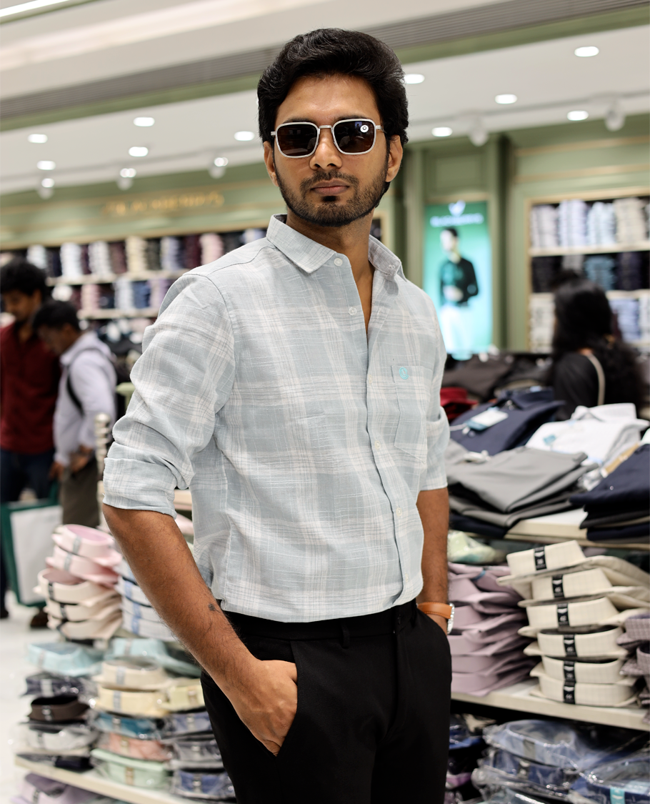 Blue Cotton-Linen-Blended Casual Shirt