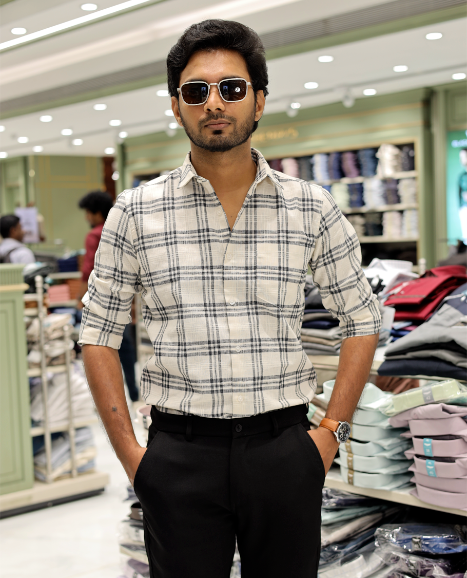Beige Cotton-Linen-Blended Casual Shirt Features Checks, Full Sleeve, a Spread Collar, a Slim Fit, and a Regular Length