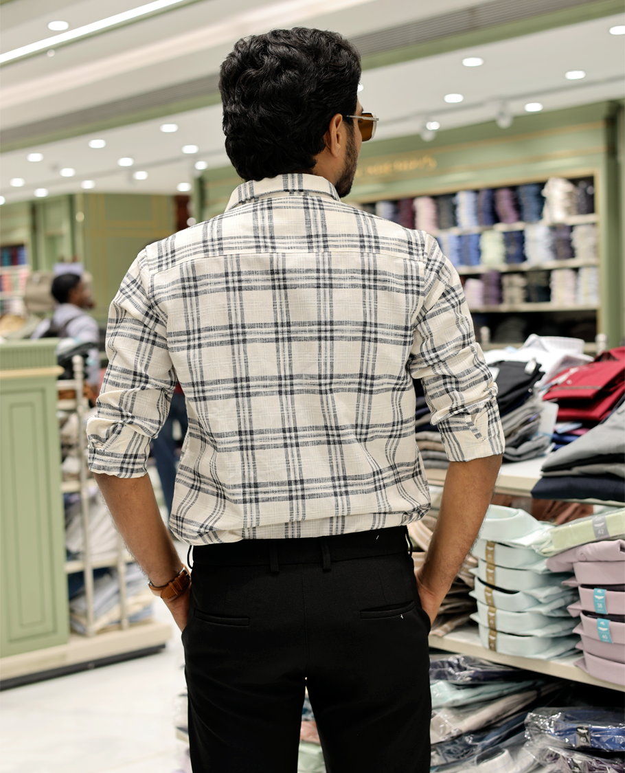Beige Cotton-Linen-Blended Casual Shirt Features Checks, Full Sleeve, a Spread Collar, a Slim Fit, and a Regular Length