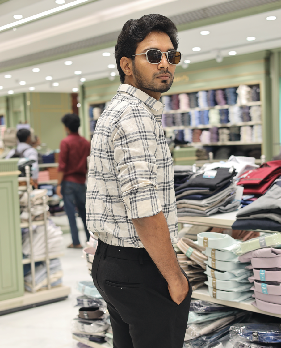 Beige Cotton-Linen-Blended Casual Shirt Features Checks, Full Sleeve, a Spread Collar, a Slim Fit, and a Regular Length