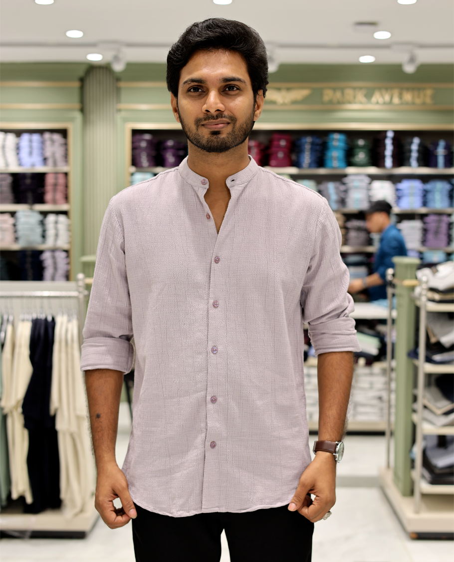 Lavender Poly-Blended Casual Shirt Features Full Sleeves, a Mandarin Collar, Slim Fit, and Regular Length