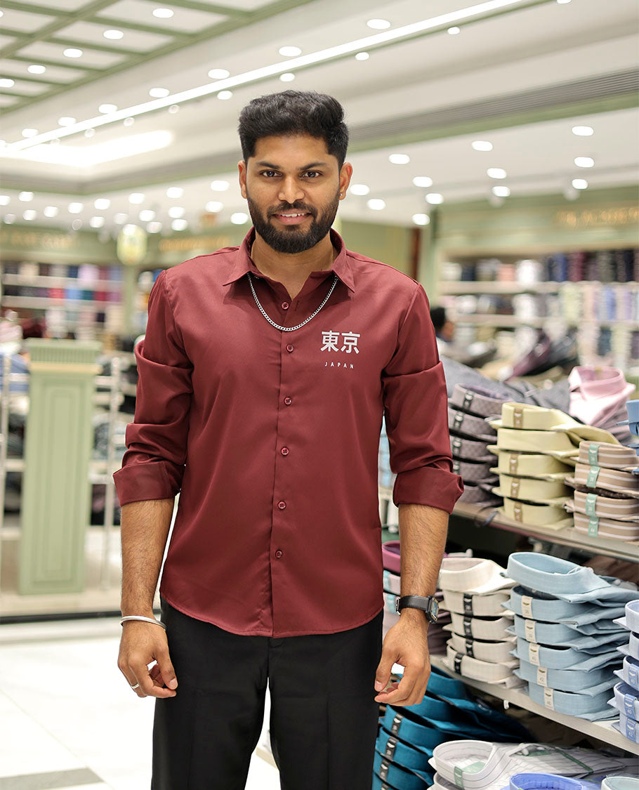 Red Cotton-Blended Casual Shirt Features Typographic Print, Full-Sleeves, a Spread Collar, a Regular Fit, and a Regular Length