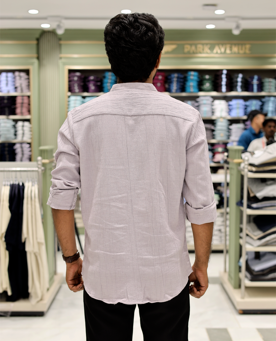 Lavender Poly-Blended Casual Shirt Features Full Sleeves, a Mandarin Collar, Slim Fit, and Regular Length