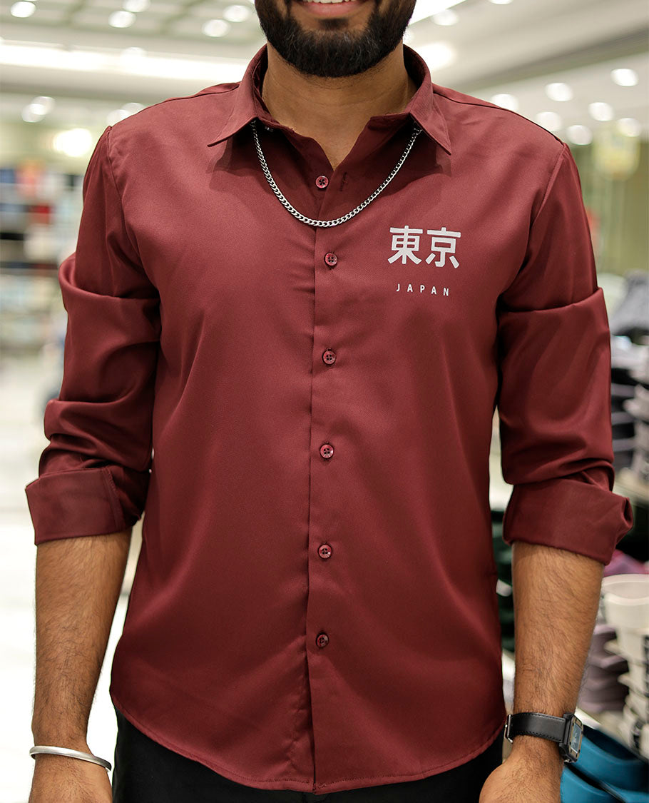 Red Cotton-Blended Casual Shirt Features Typographic Print, Full-Sleeves, a Spread Collar, a Regular Fit, and a Regular Length