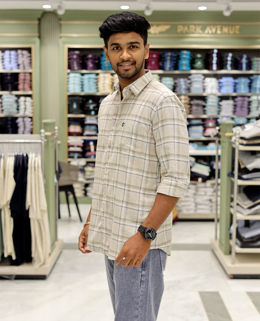 Cream Cotton-Linen-Blended Casual Shirt Comes with Checks, Full Sleeves, a Spread Collar, a Slim Fit, and a Regular Length