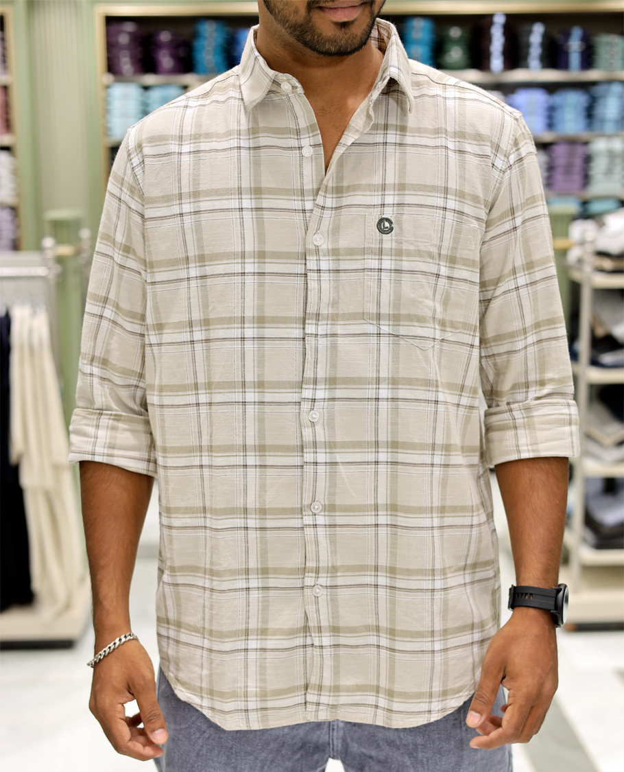 Cream Cotton-Linen-Blended Casual Shirt Comes with Checks, Full Sleeves, a Spread Collar, a Slim Fit, and a Regular Length