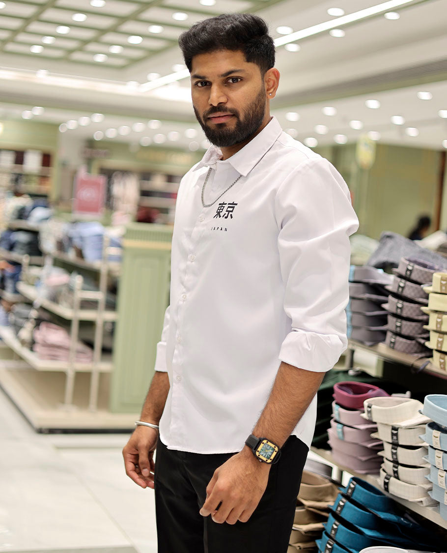 White Cotton-Blended Casual Shirt Features Typographic Print, Full-Sleeves, a Spread Collar, a Regular Fit, and a Regular Length