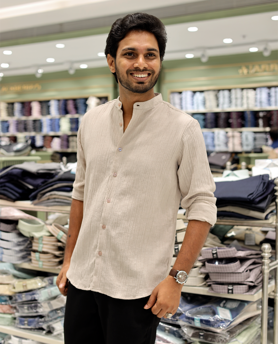 Beige Poly-Blended Casual Shirt Features Full Sleeves, a Mandarin Collar, Slim Fit, and Regular Length