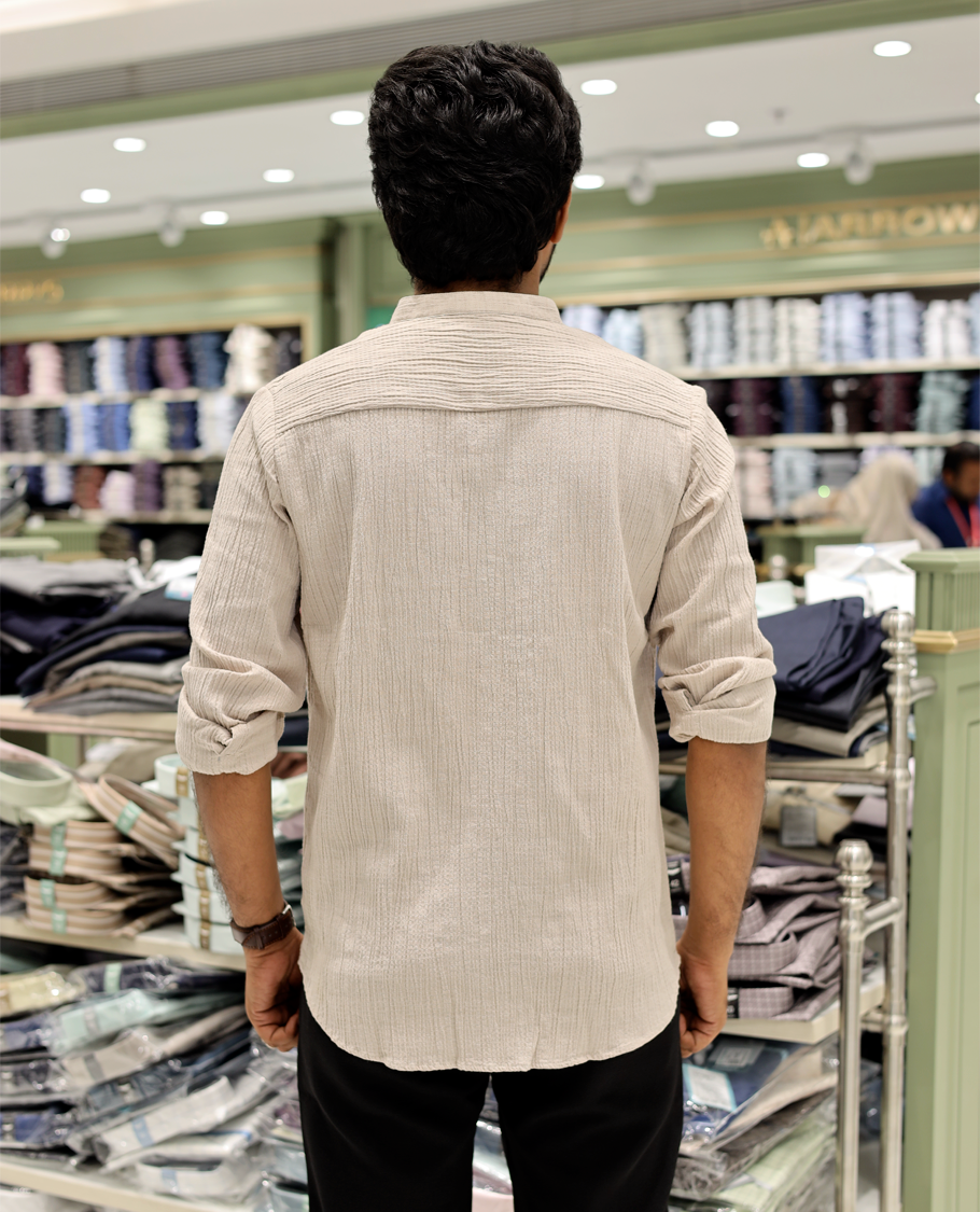 Beige Poly-Blended Casual Shirt Features Full Sleeves, a Mandarin Collar, Slim Fit, and Regular Length