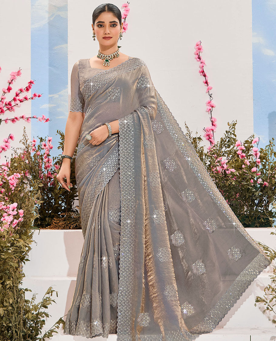 Grey sequins embroidered organza designer saree, scallop embroidered border & embroidered pallu