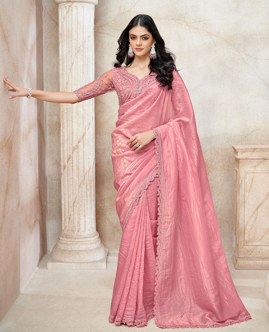 Pink crushed-style plain satin designer saree, scallop floral embroidered lace border & embroidered blouse