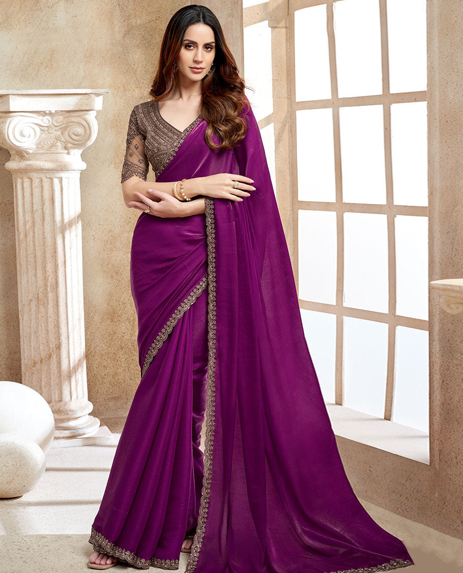 Purple plain satin designer saree, scallop floral design sequins, embroidered lace border & embroidered blouse