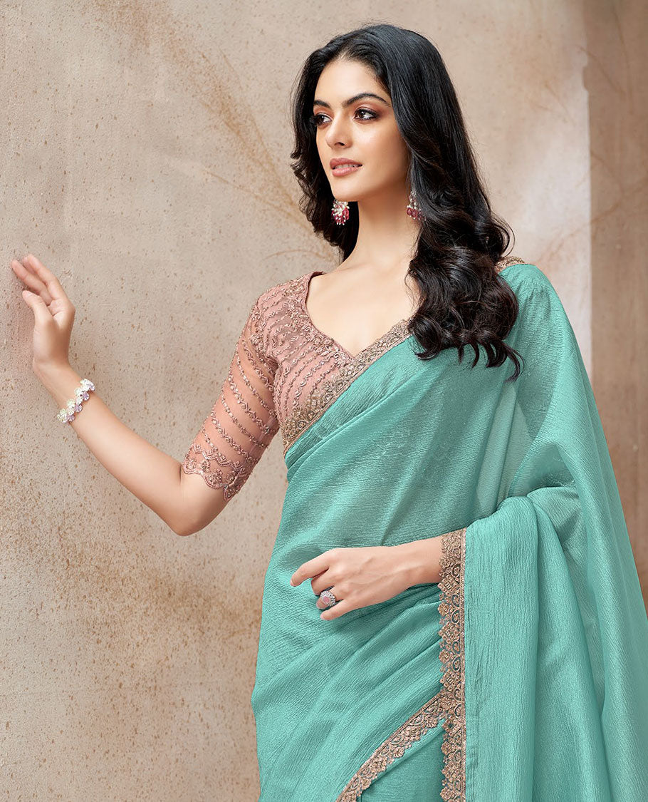 Pale green crushed-style plain designer saree, scallop sequins, embroidered lace border & embroidered blouse