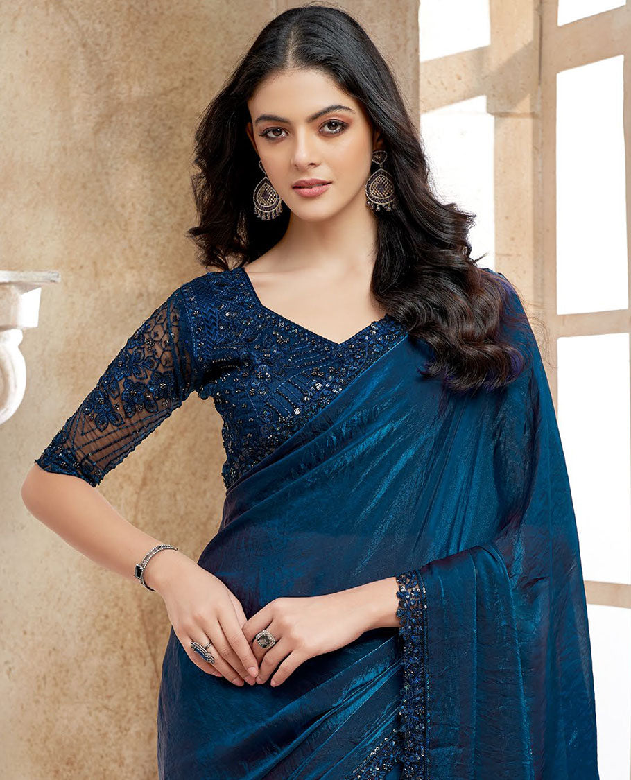 Blue plain designer saree, scallop embroidered lace border & embroidered blouse