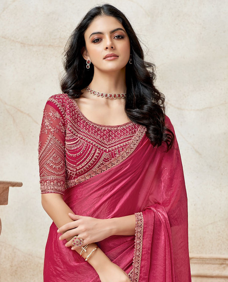 Pink plain designer saree, scallop embroidered lace border & embroidered blouse