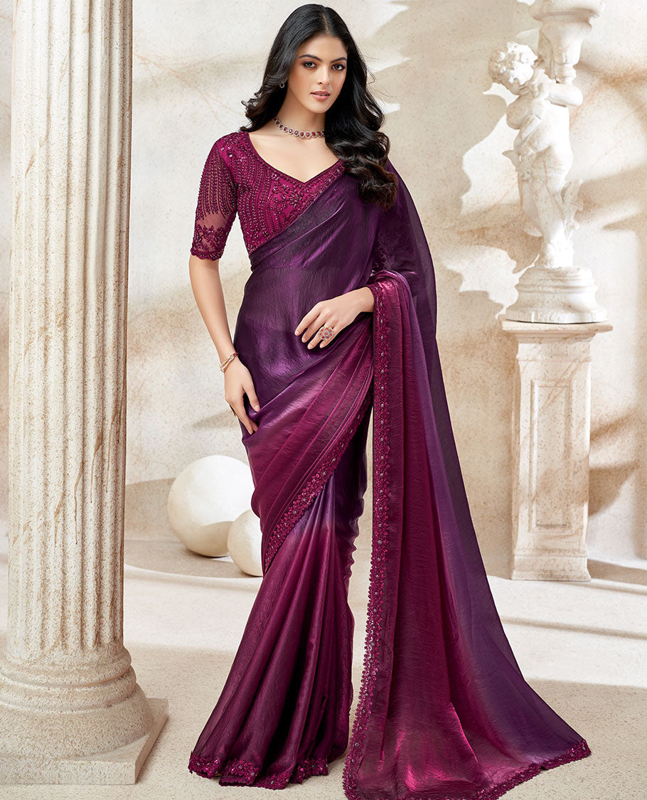 Purple ombre plain designer saree, scallop thread-sequin floral embroidered lace border & embroidered purple blouse