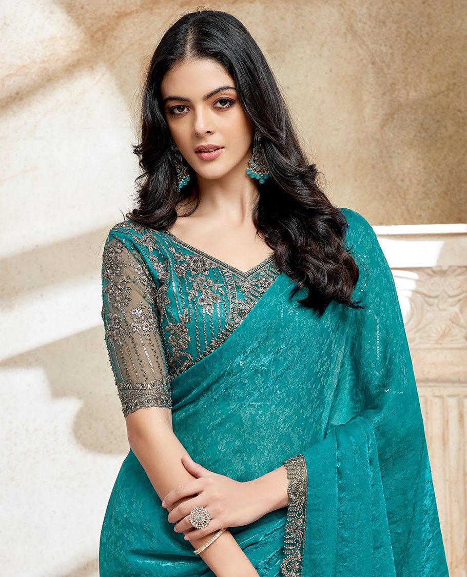 Blue floral design designer saree, scallop embroidered lace border & embroidered blouse