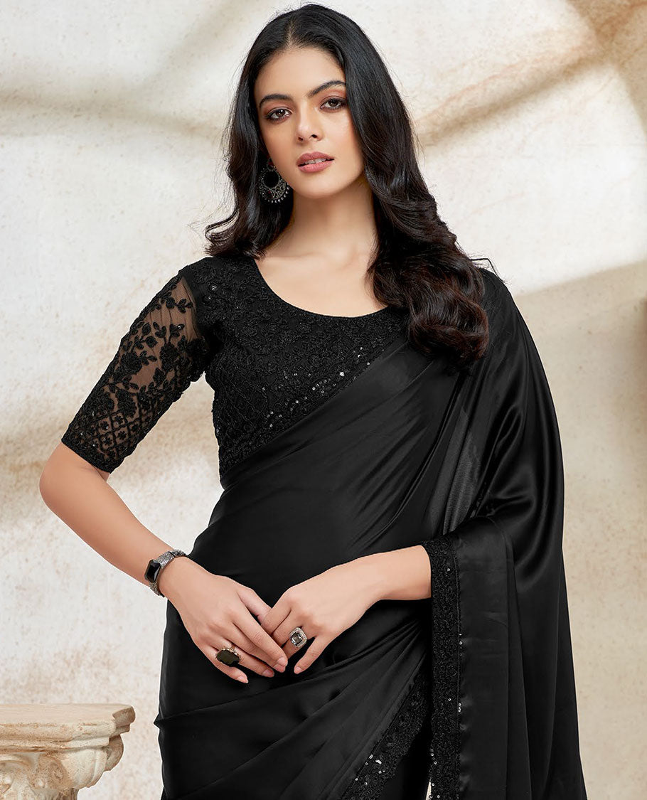 Black plain design satin designer saree, scallop sequins, embroidered lace border & embroidered blouse