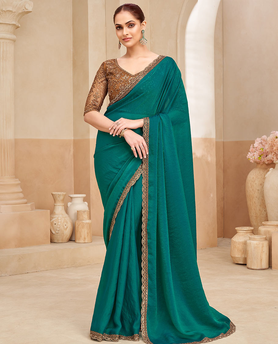 Peacock green plain designer saree, contrast embroidered scallop border