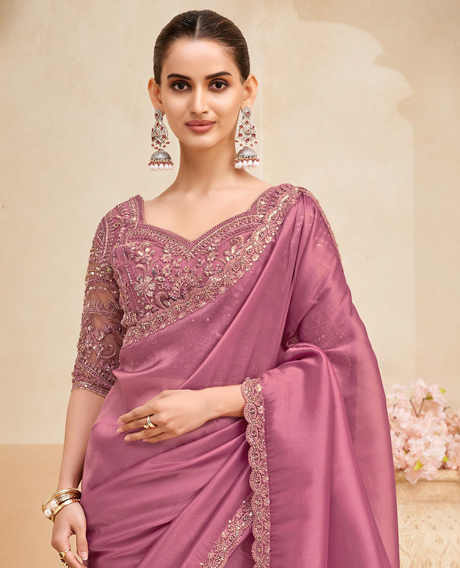Pink plain designer saree, scallop embroidered border