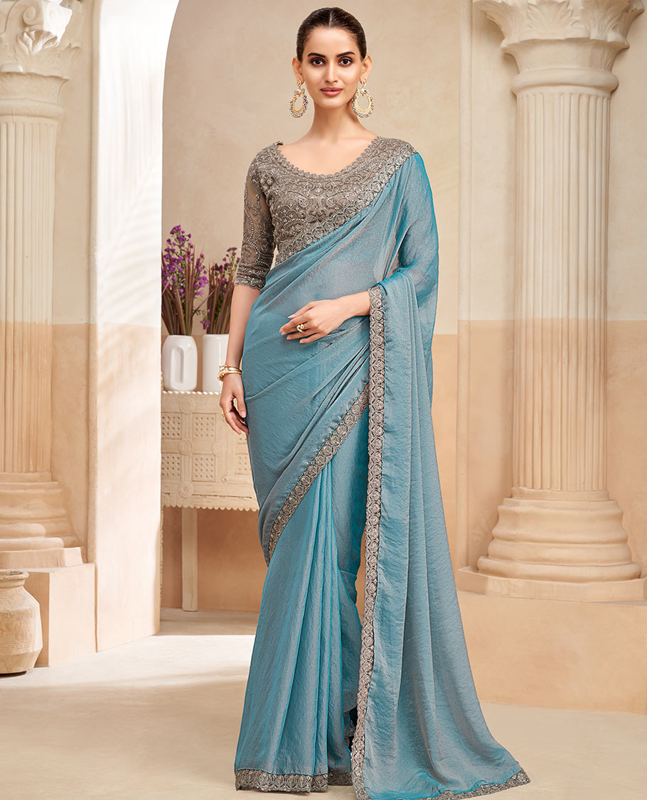 Blue plain designer saree, contrast scallop embroidered border