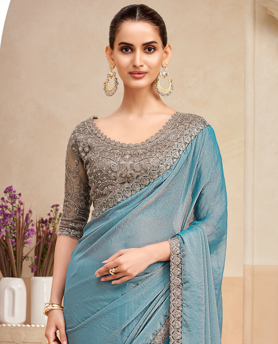 Blue plain designer saree, contrast scallop embroidered border