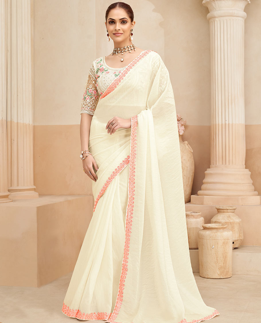 Cream plain designer saree, scallop thread embroidered border