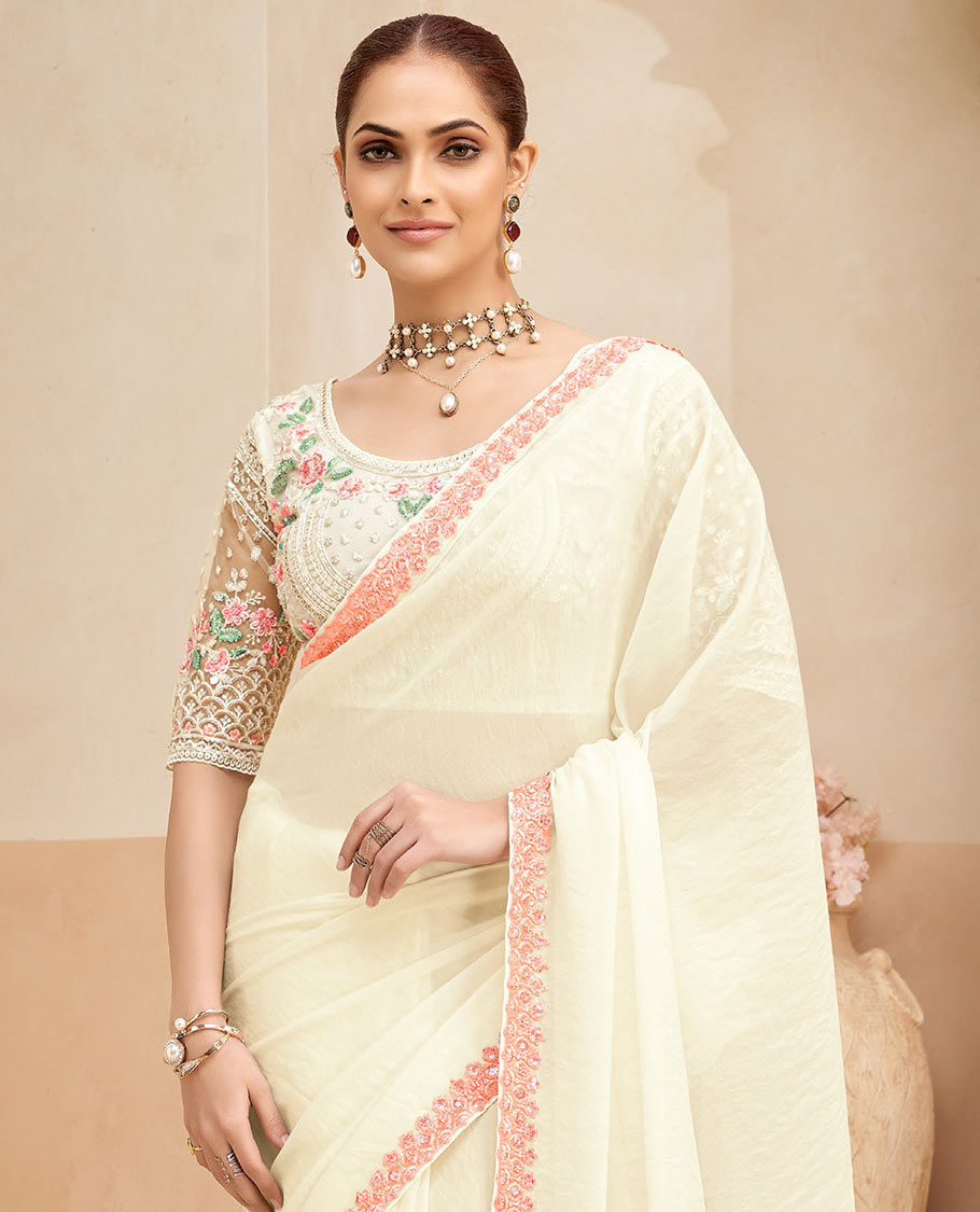 Cream plain designer saree, scallop thread embroidered border