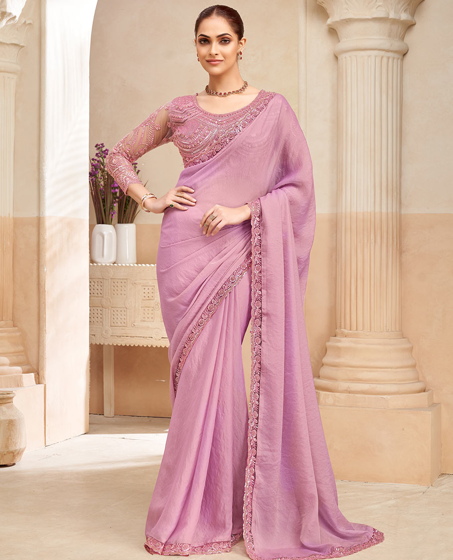 Pink plain designer saree, scallop embroidered border