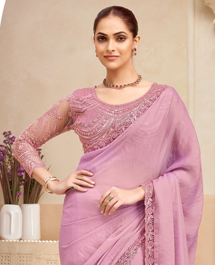 Pink plain designer saree, scallop embroidered border