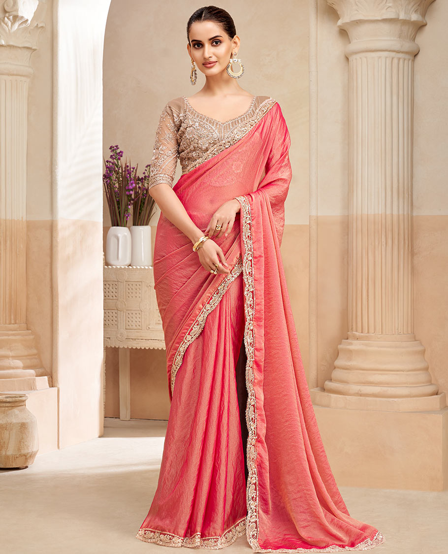 Peach plain designer saree, contrast scallop embroidered border